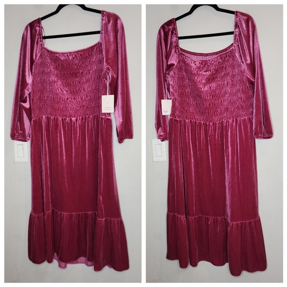 NWT Lauren Conrad Velvet Smocked Bodice Midi Dress Wine Pink Red XXL - Picture 4 of 13